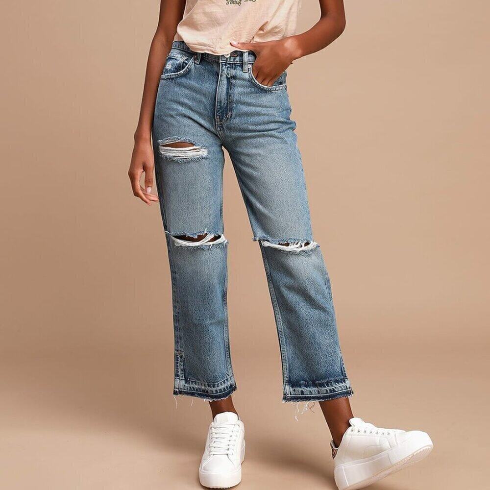 Lita Light Wash Distressed High-Waisted Slim Leg Jeans Free People with patches - Picture 1 of 6